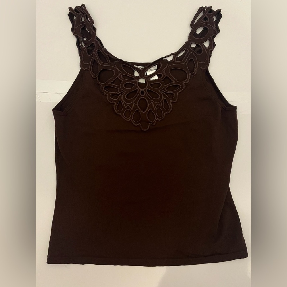 Alberto Makali Brown Knit Tank Top Cutout Lace Detail Size M Y2K